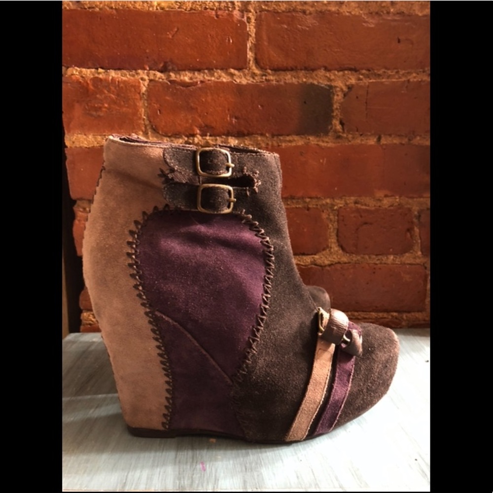 Pre-owned Retro Faux Suede Patchwork Wedge Booties Women's US Sz 7.5